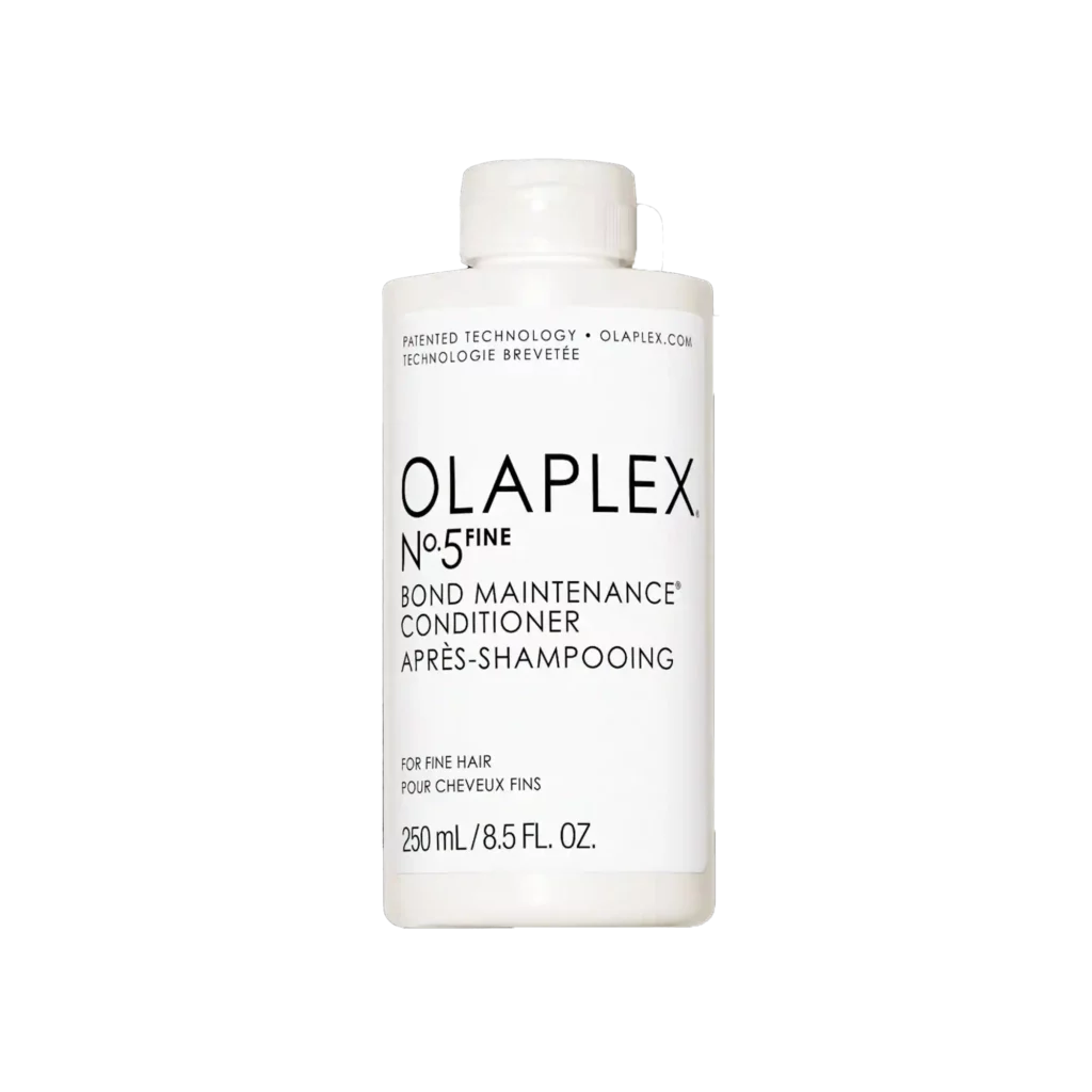 Witte fles Olaplex No.5 Fine Bond Maintenance Conditioner van 250 ml tegen een zwarte achtergrond.