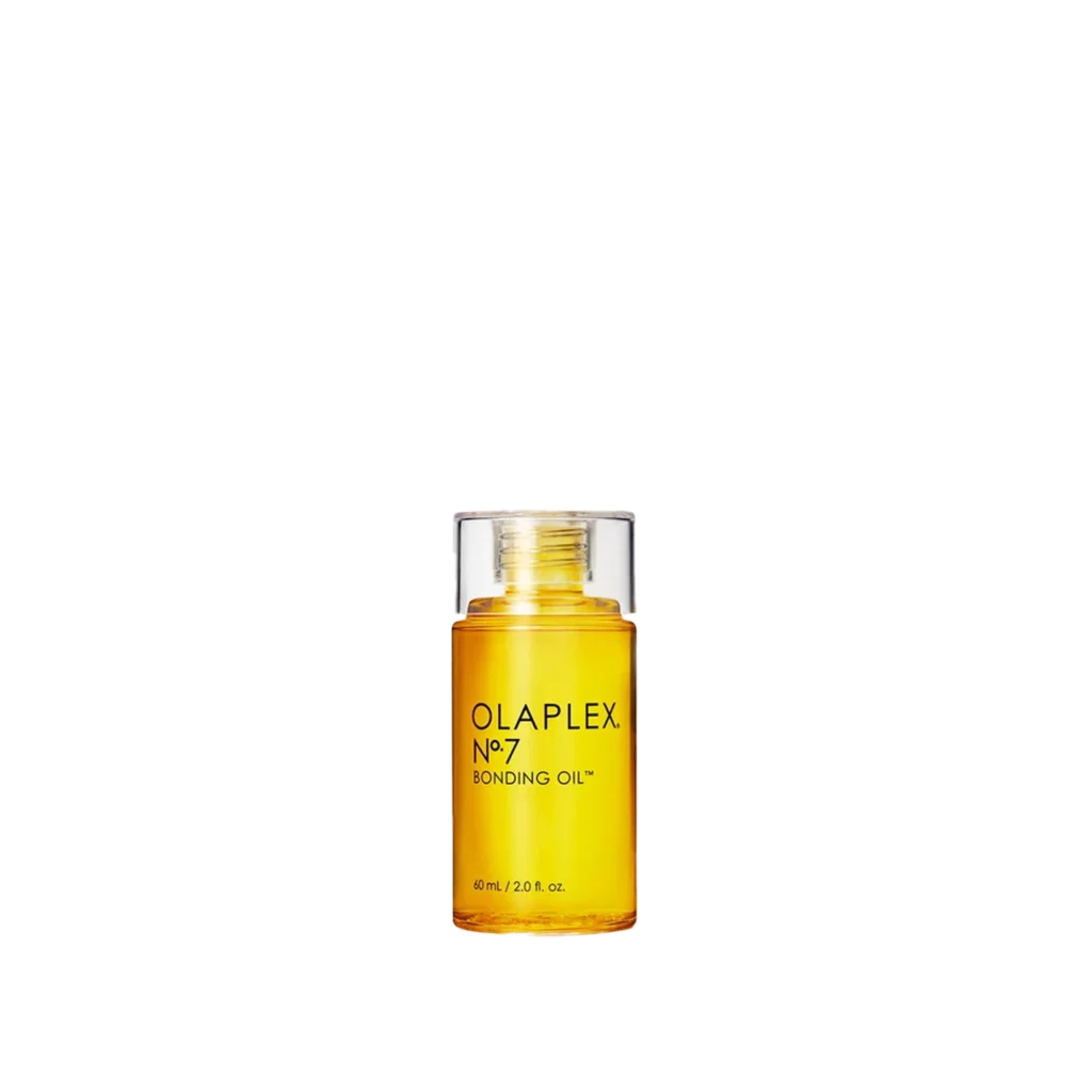 Een flesje Olaplex No.7 Bonding Oil van 60 ml met transparante dop en gele olie.
