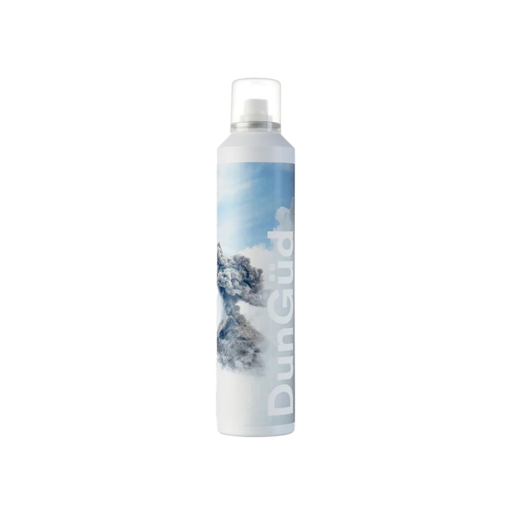 Spuitbus van DunGüd Blow Out Styling Expansion Spray met blauwe en witte wolkenachtige opdruk.