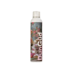 DunGüd Pomp Workable Hairspray met bloemen- en theekopjesontwerp op de fles.