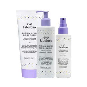 Pakket met evo fabuloso Platinum Blonde toning shampoo, conditioner en mist voor blond haar.