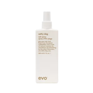 Witte fles Evo Salty Dog Salt Spray van 200 ml met gouden tekst op de voorkant.