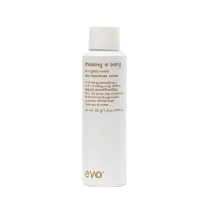 Witte spuitbus van 200 ml Evo Shebang-a-Bang dry spray wax met goudkleurige tekst.
