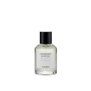 Glazen flesje van het parfum "Cozumel" van Laboratorio Olfattivo met zwarte dop.
