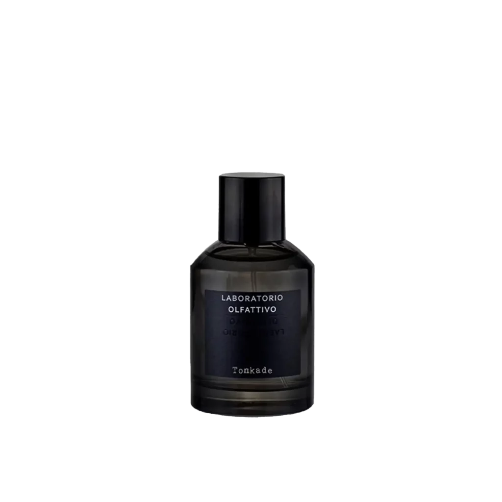 Donkere glazen fles van het parfum Tonkade van Laboratorio Olfattivo.