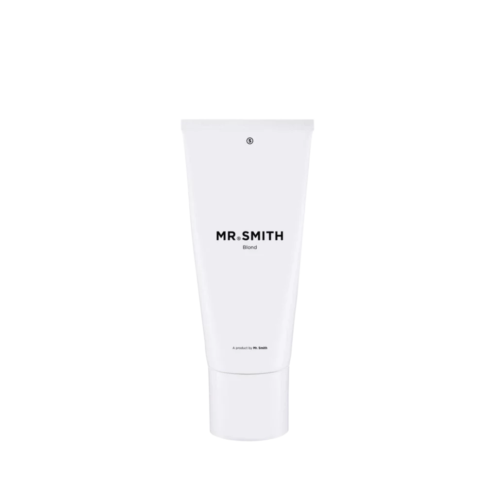 Witte tube van 200 ml Mr. Smith Blond haarverzorgingsproduct met minimalistische opdruk.