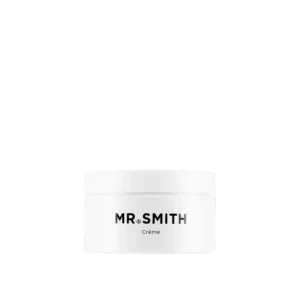 Witte pot Mr. Smith Crème met minimalistisch zwart logo op zwarte achtergrond.