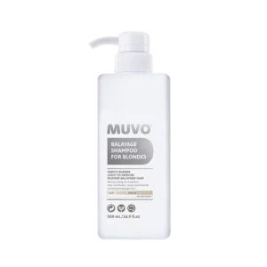 Witte fles Muvo Balayage Shampoo for Blondes van 500 ml met pompdispenser.